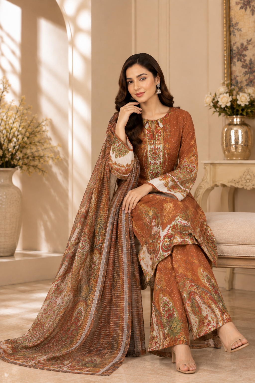 Rust Brown Printed 3 Piece Suit with Traditional Paisley Dupatta