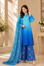 Aqua Blue Ombre Printed 3-Piece Suit with Floral Trouser & Printed Dupatta
