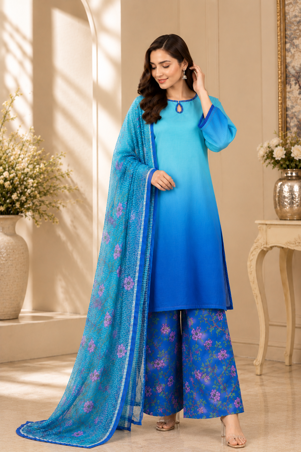 Aqua Blue Ombre Printed 3-Piece Suit with Floral Trouser & Printed Dupatta