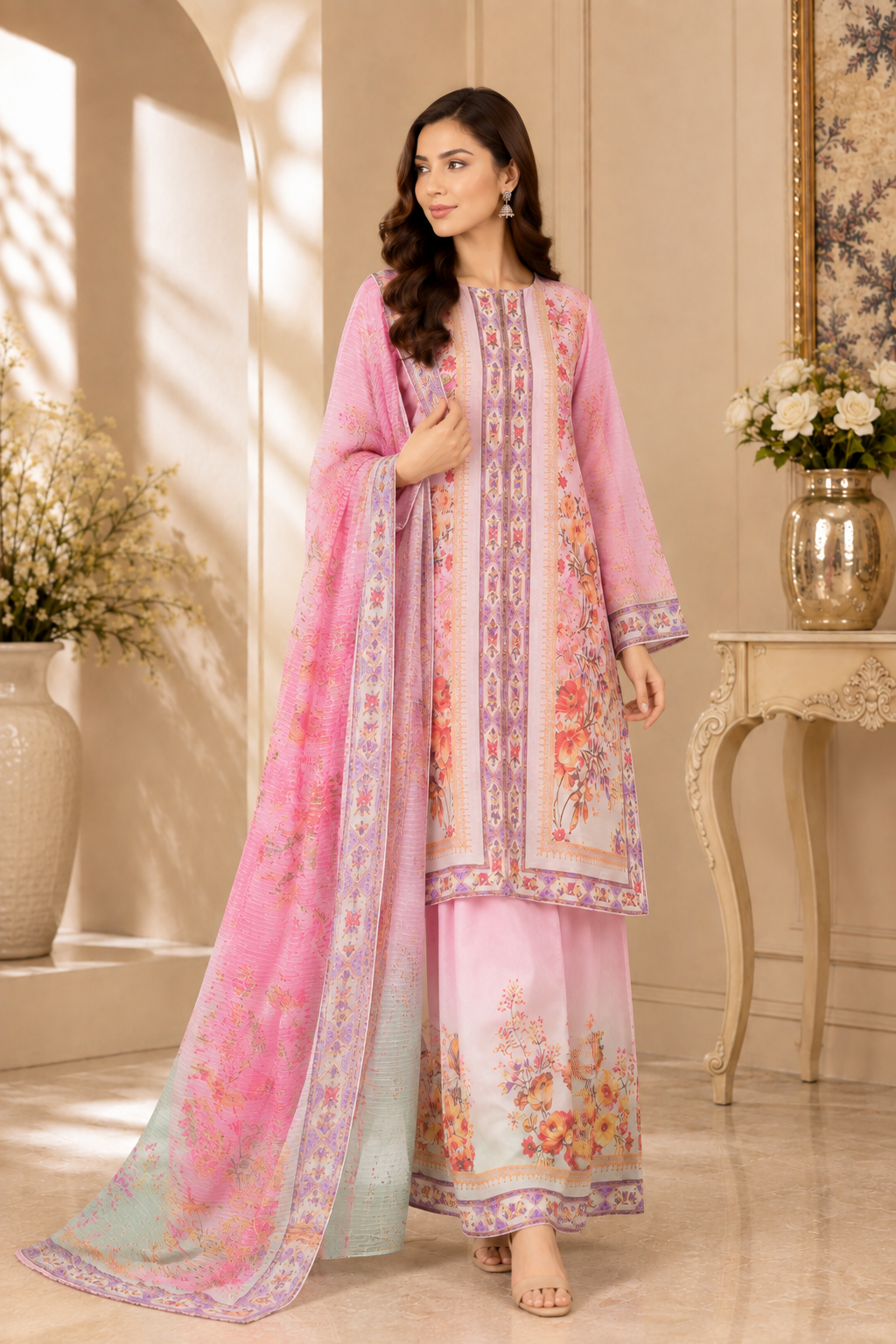 Pastel Pink Floral Printed Soft Doria 3-Piece Suit with Printed Dupatta