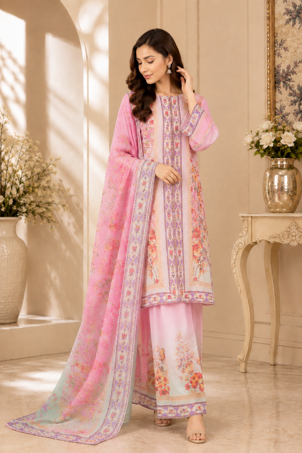 Pastel Pink Floral Printed Soft Doria 3-Piece Suit with Printed Dupatta