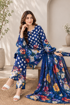 Royal Blue Polka Dot Floral Printed 3 Piece Lawn Suit
