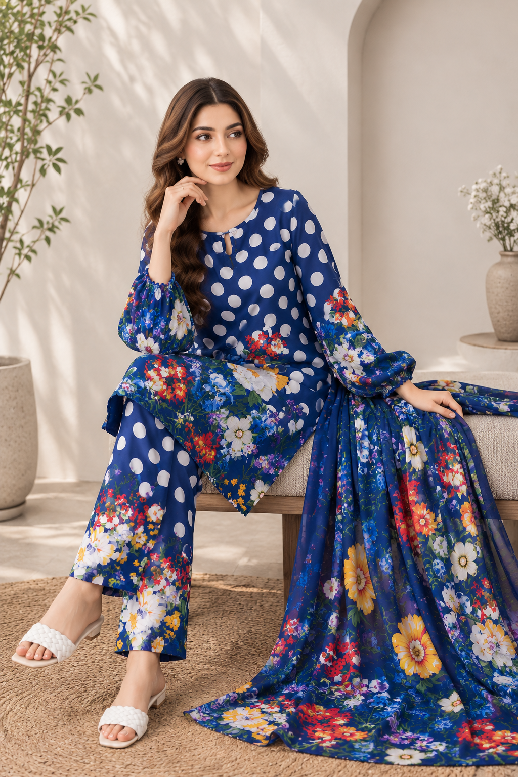Royal Blue Polka Dot Floral Printed 3 Piece Lawn Suit