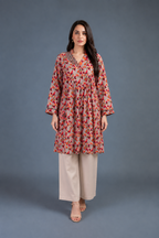 Grey mosaic floral peplum kurta with embroidered yoke, cream palazzo, Soft Bloom Edit by Zurra Studio-2