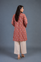 Grey mosaic floral peplum kurta with embroidered yoke, cream palazzo, Soft Bloom Edit by Zurra Studio-3