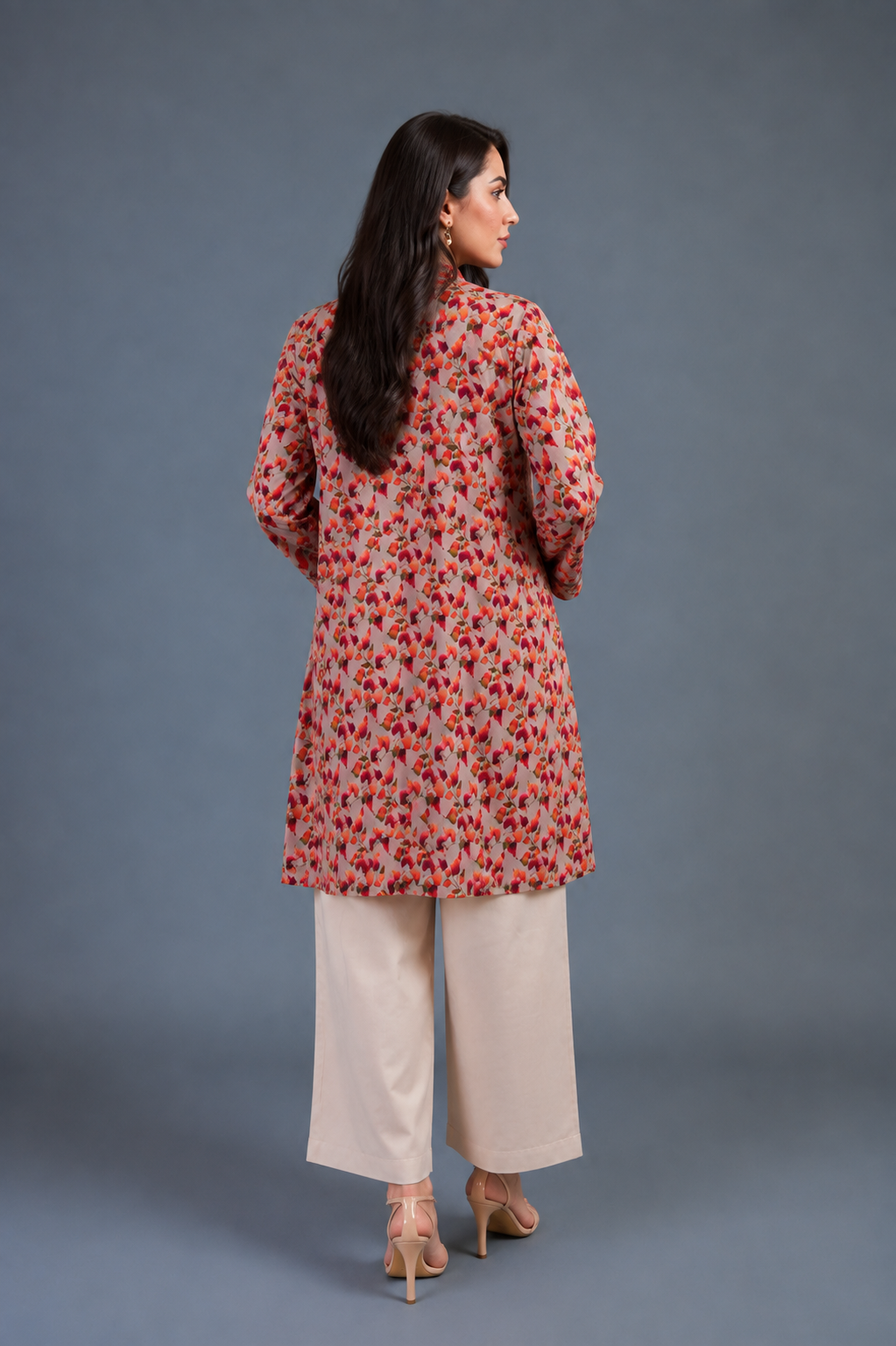 Grey mosaic floral peplum kurta with embroidered yoke, cream palazzo, Soft Bloom Edit by Zurra Studio-3