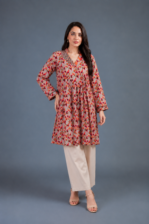 Grey mosaic floral peplum kurta with embroidered yoke, cream palazzo, Soft Bloom Edit by Zurra Studio