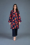 Navy blue floral printed kurta with pink contrast piping, matching navy trouser, Zurra Studio-1