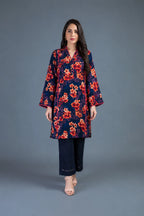 Navy blue floral printed kurta with pink contrast piping, matching navy trouser, Zurra Studio-1