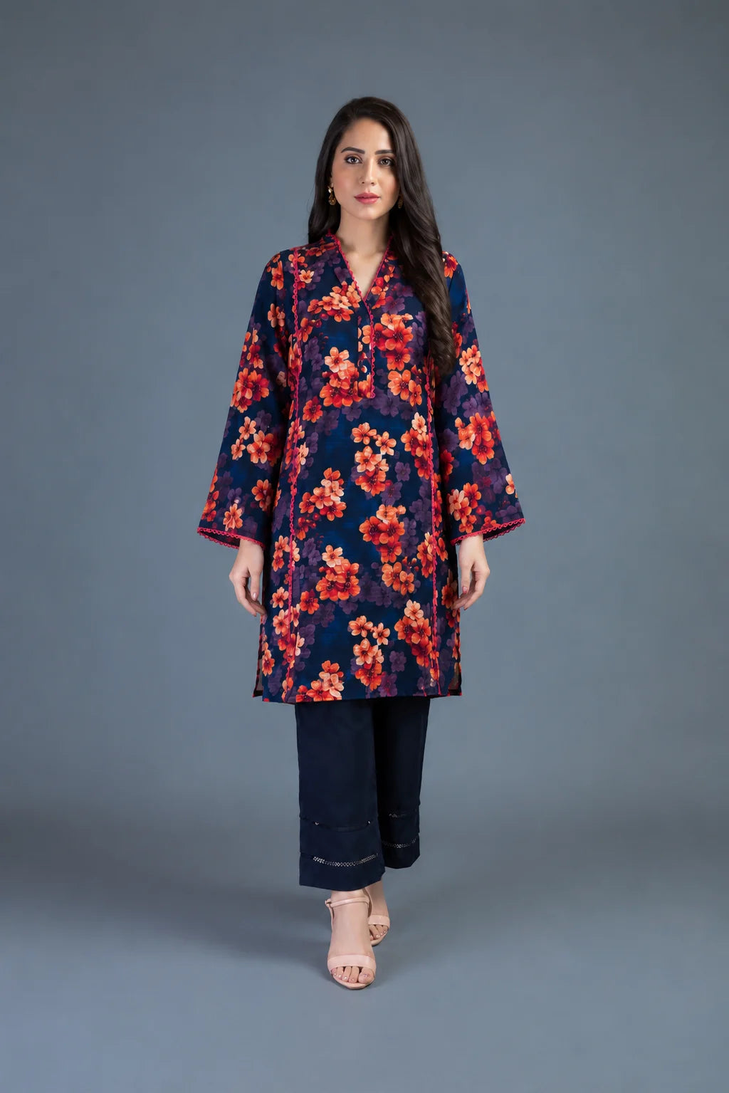 Navy blue floral printed kurta with pink contrast piping, matching navy trouser, Zurra Studio-1