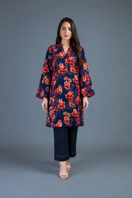 Navy blue floral printed kurta with pink contrast piping, matching navy trouser, Zurra Studio-1