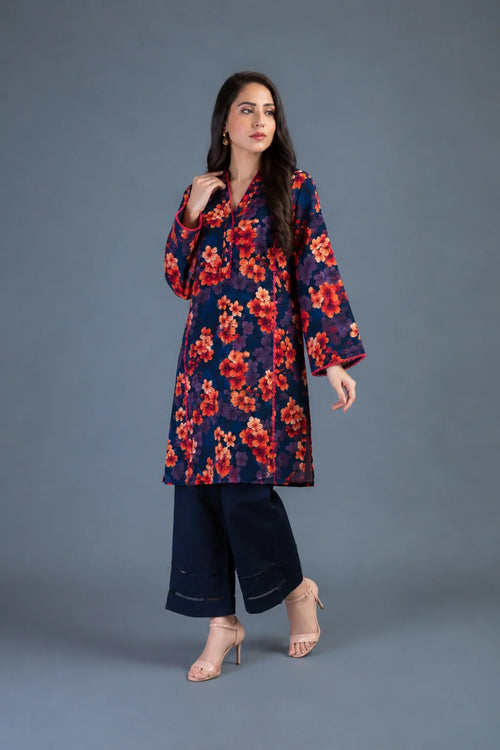 Navy blue floral printed kurta with pink contrast piping, matching navy trouser, Zurra Studio-2