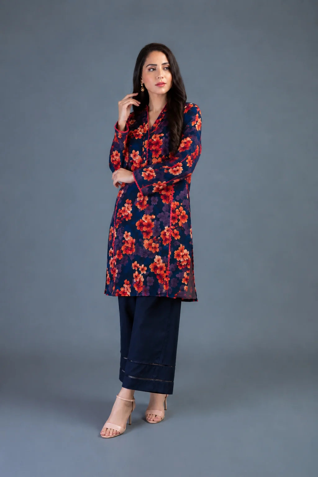 Navy blue floral printed kurta with pink contrast piping, matching navy trouser, Zurra Studio-3