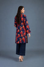 Navy blue floral printed kurta with pink contrast piping, matching navy trouser, Zurra Studio-4