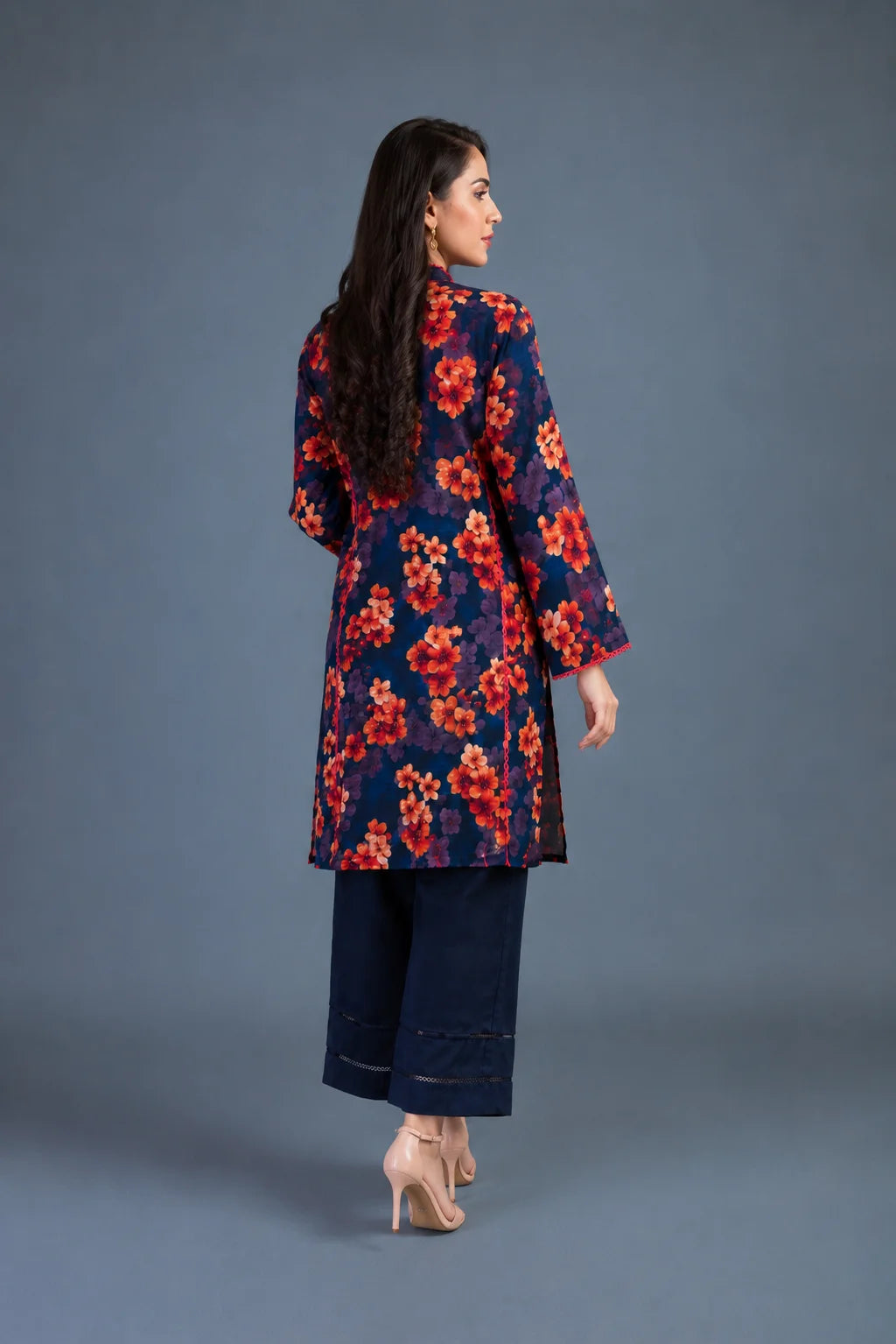 Navy blue floral printed kurta with pink contrast piping, matching navy trouser, Zurra Studio-4