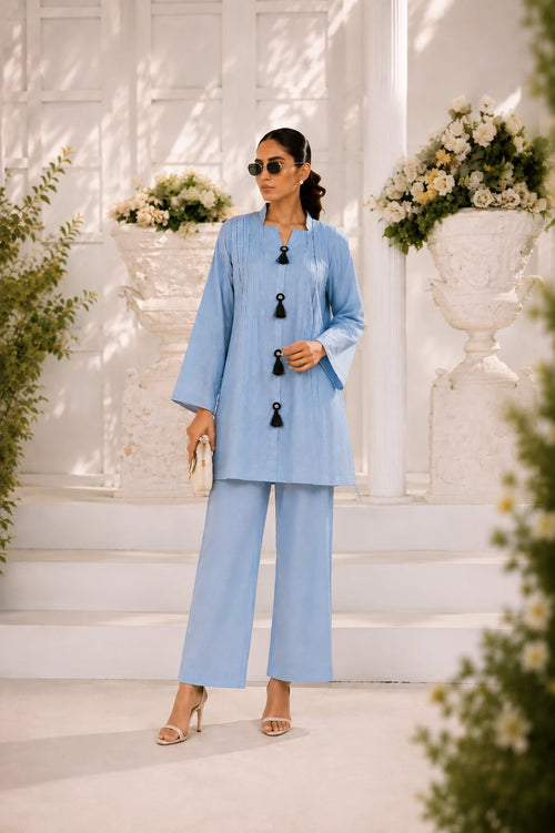Powder blue pintuck kurta with black tassel buttons, wide-leg trouser, Zurra Studio-1