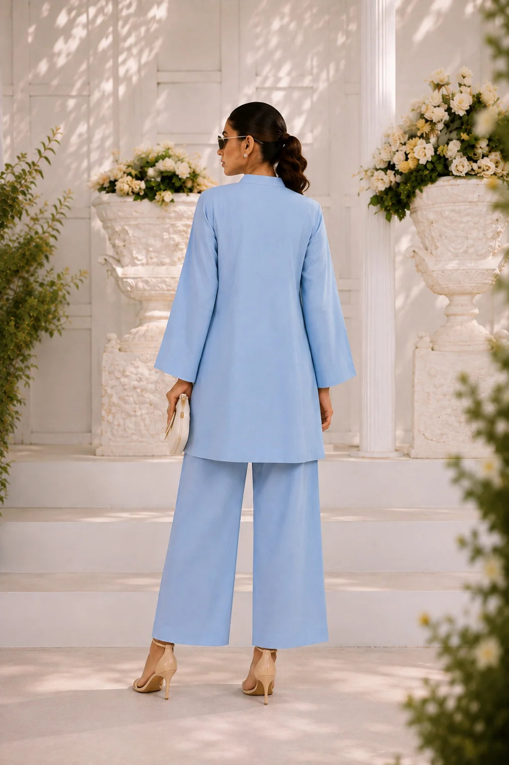 Powder blue pintuck kurta with black tassel buttons, wide-leg trouser, Zurra Studio-2