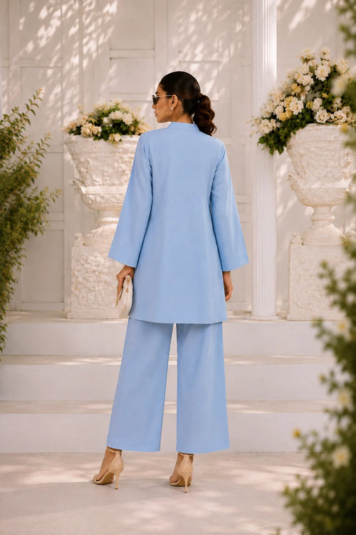 Powder blue pintuck kurta with black tassel buttons, wide-leg trouser, Zurra Studio-2