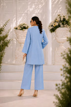 Powder blue pintuck kurta with black tassel buttons, wide-leg trouser, Zurra Studio-3