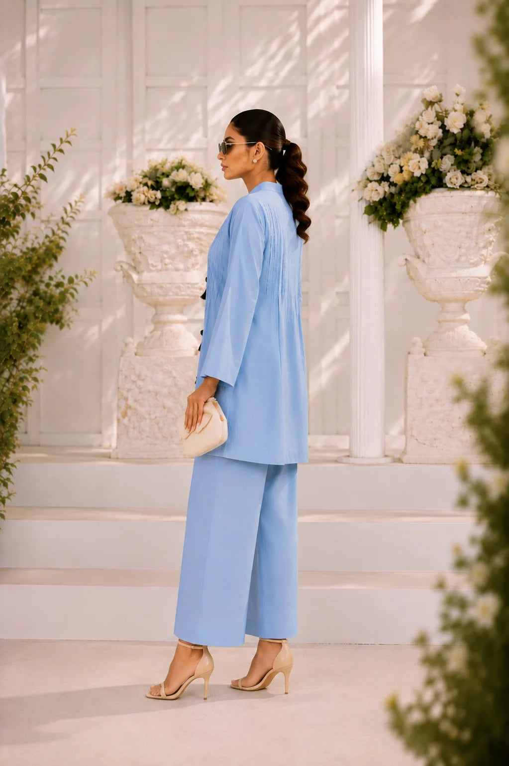 Powder blue pintuck kurta with black tassel buttons, wide-leg trouser, Zurra Studio-4