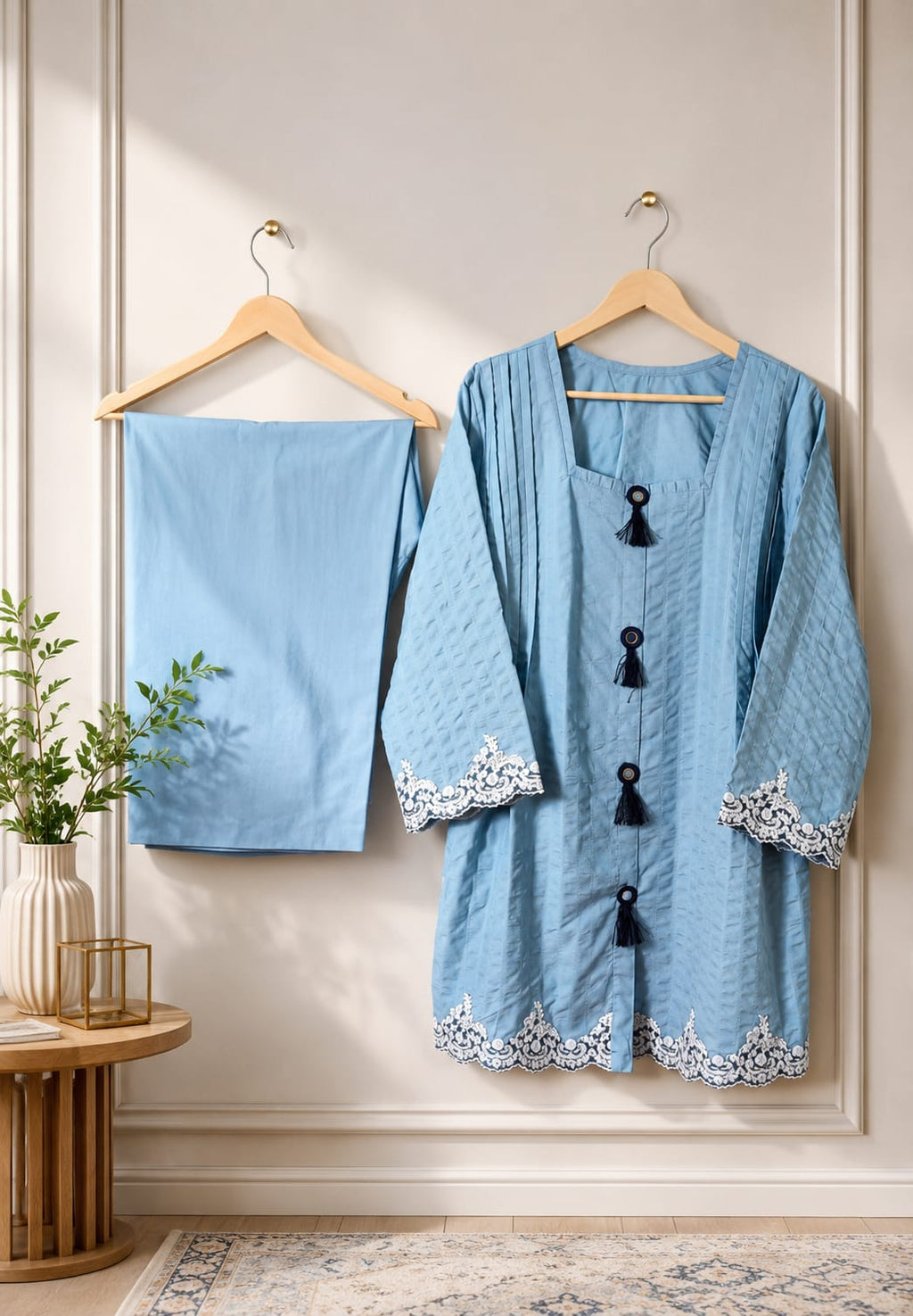 Powder blue pintuck kurta with black tassel buttons, wide-leg trouser, Zurra Studio-5