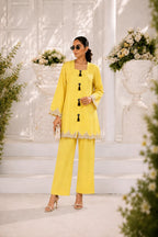 Powder yellow pintuck kurta with black tassel buttons, wide-leg trouser, Zurra Studio-1