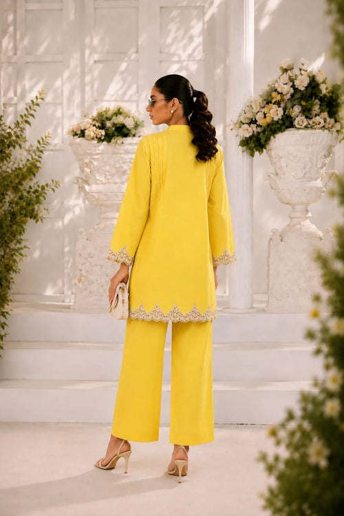 Powder yellow pintuck kurta with black tassel buttons, wide-leg trouser, Zurra Studio-2