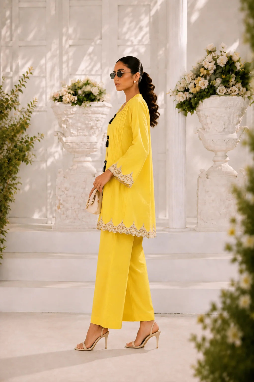 Powder yellow pintuck kurta with black tassel buttons, wide-leg trouser, Zurra Studio-3