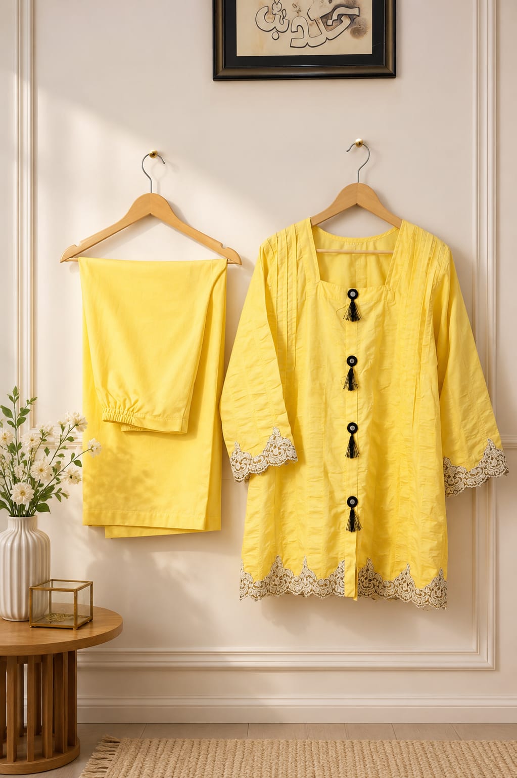 Powder yellow pintuck kurta with black tassel buttons, wide-leg trouser, Zurra Studio-4