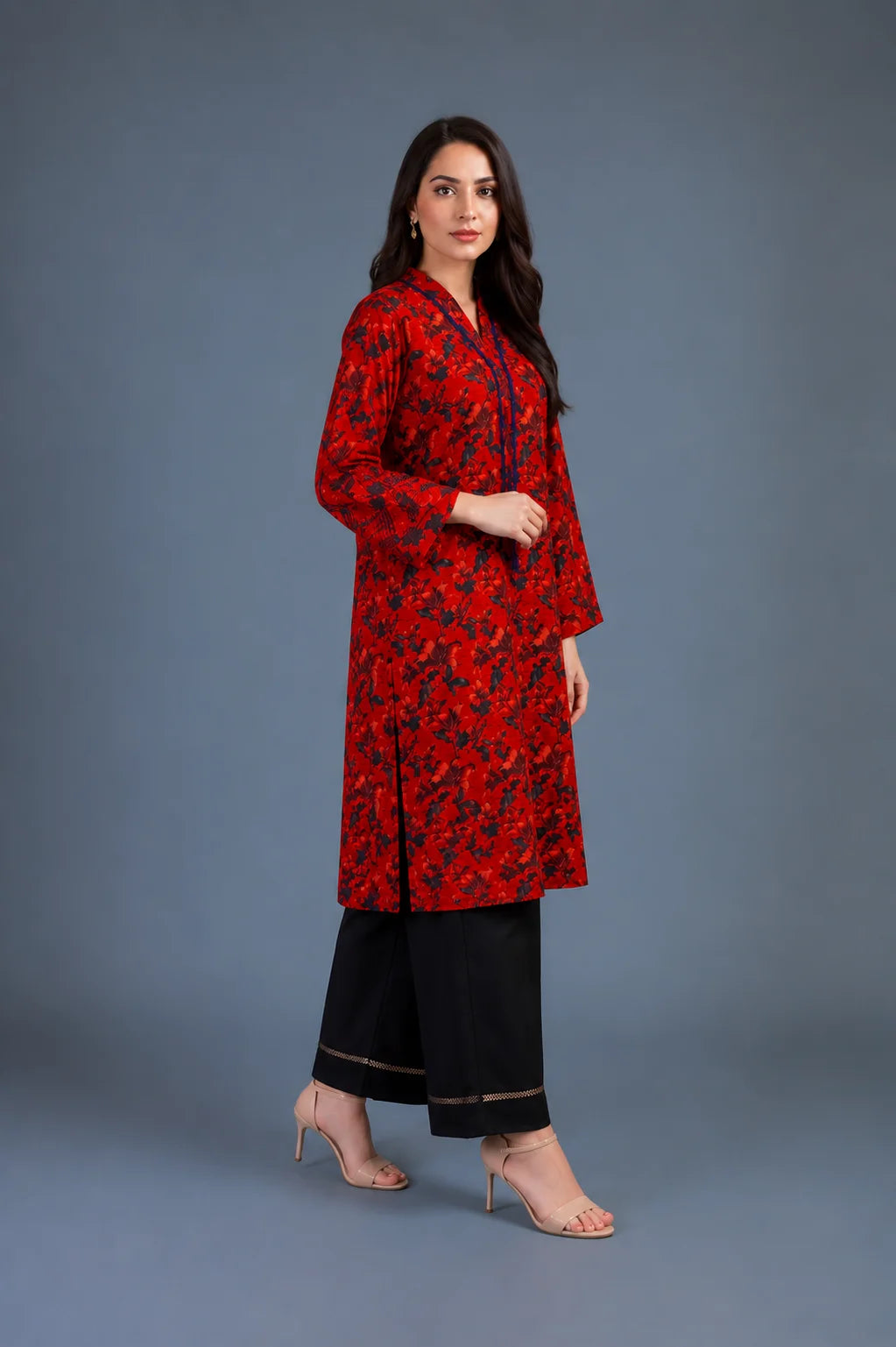 Red floral printed lawn kurta with black lace-trim trouser, Ruby Bloom Collection by Zurra Studio-2