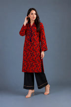 Red floral printed lawn kurta with black lace-trim trouser, Ruby Bloom Collection by Zurra Studio-3