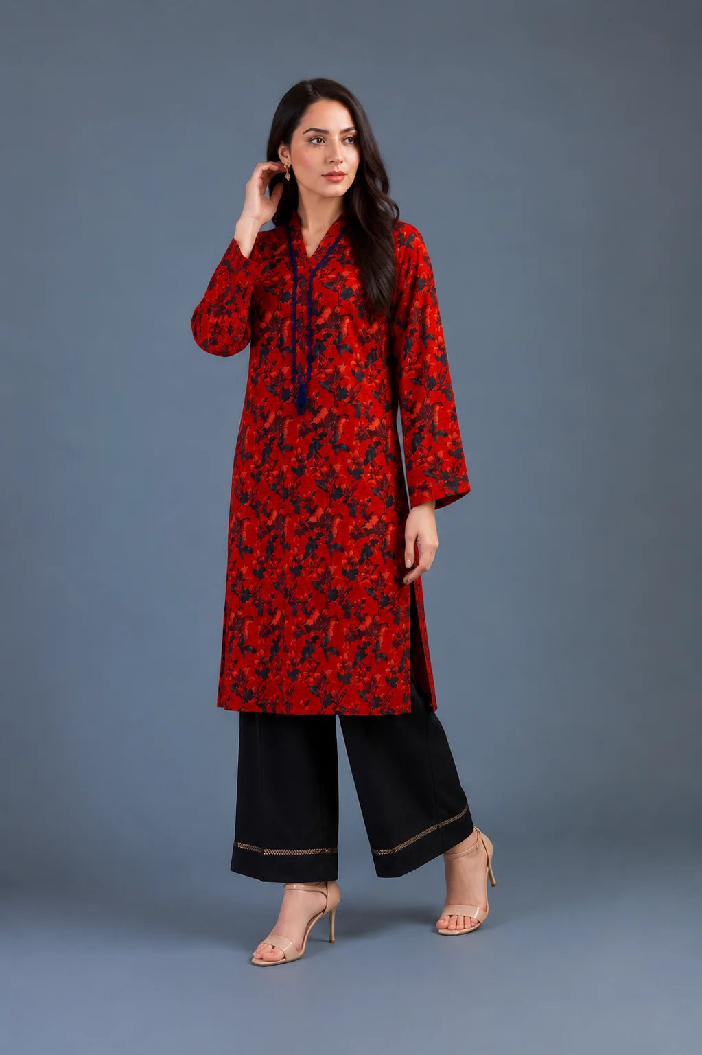 Red floral printed lawn kurta with black lace-trim trouser, Ruby Bloom Collection by Zurra Studio-3