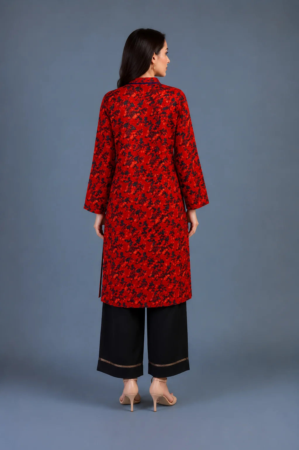 Red floral printed lawn kurta with black lace-trim trouser, Ruby Bloom Collection by Zurra Studio-4