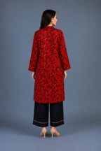 Red floral printed lawn kurta with black lace-trim trouser, Ruby Bloom Collection by Zurra Studio-4
