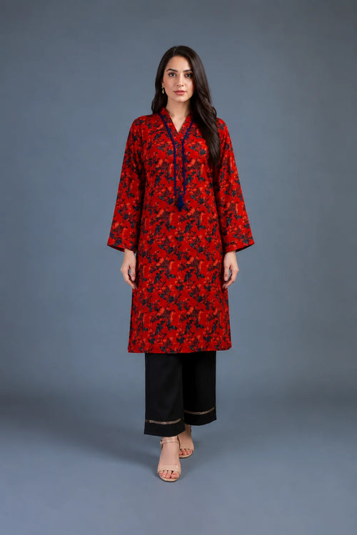 Red floral printed lawn kurta with black lace-trim trouser, Ruby Bloom Collection by Zurra Studio