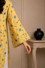 Yellow Floral Printed Doria Lawn 2 Piece Suit with Tassel Sleeves | Zurra Studio