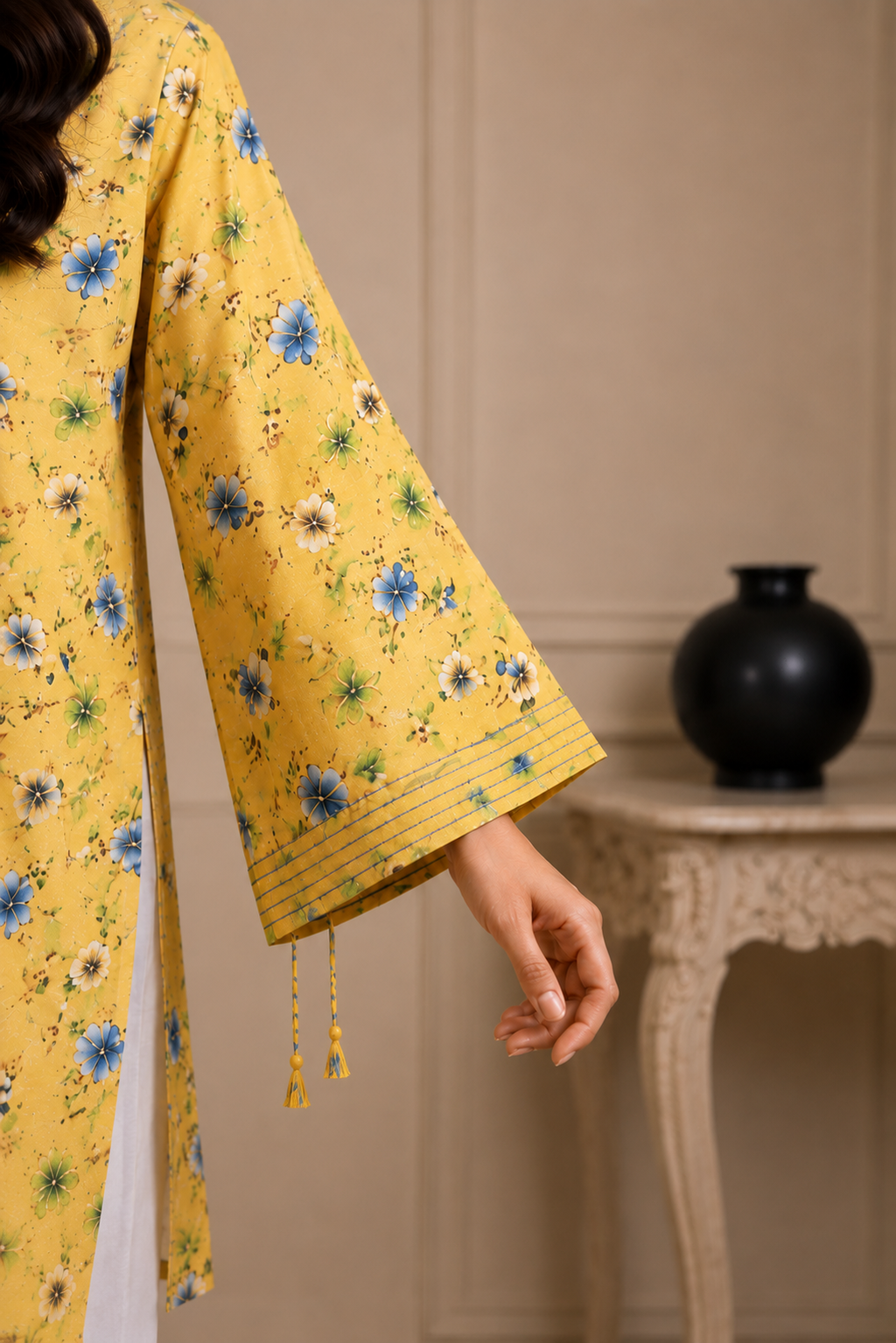 Yellow Floral Printed Doria Lawn 2 Piece Suit with Tassel Sleeves | Zurra Studio