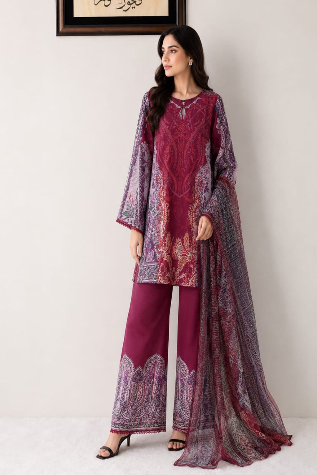 Maroon Printed 3 Piece soft doria Suit with Printed Dupatta