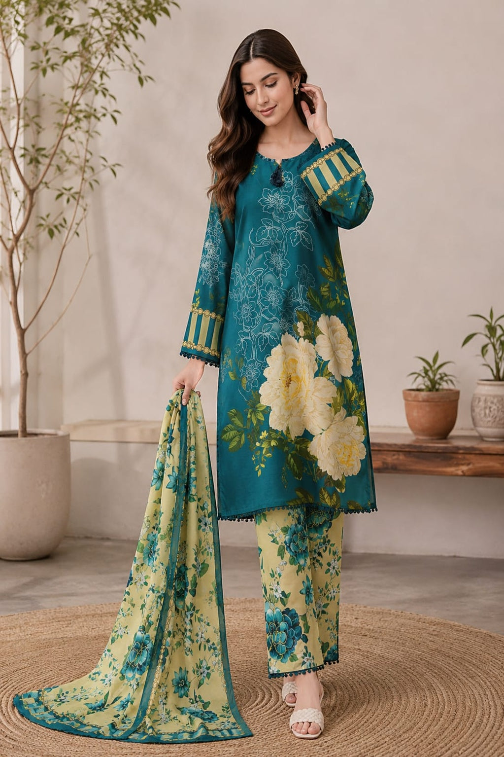 Teal Floral Printed 3 Piece Lawn Suit with Printed Dupatta