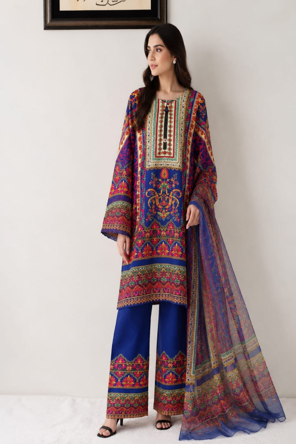 Royal Blue Printed 3 Piece Lawn Suit with Matching Dupatta