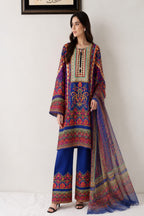 Royal Blue Printed 3 Piece Lawn Suit with Matching Dupatta