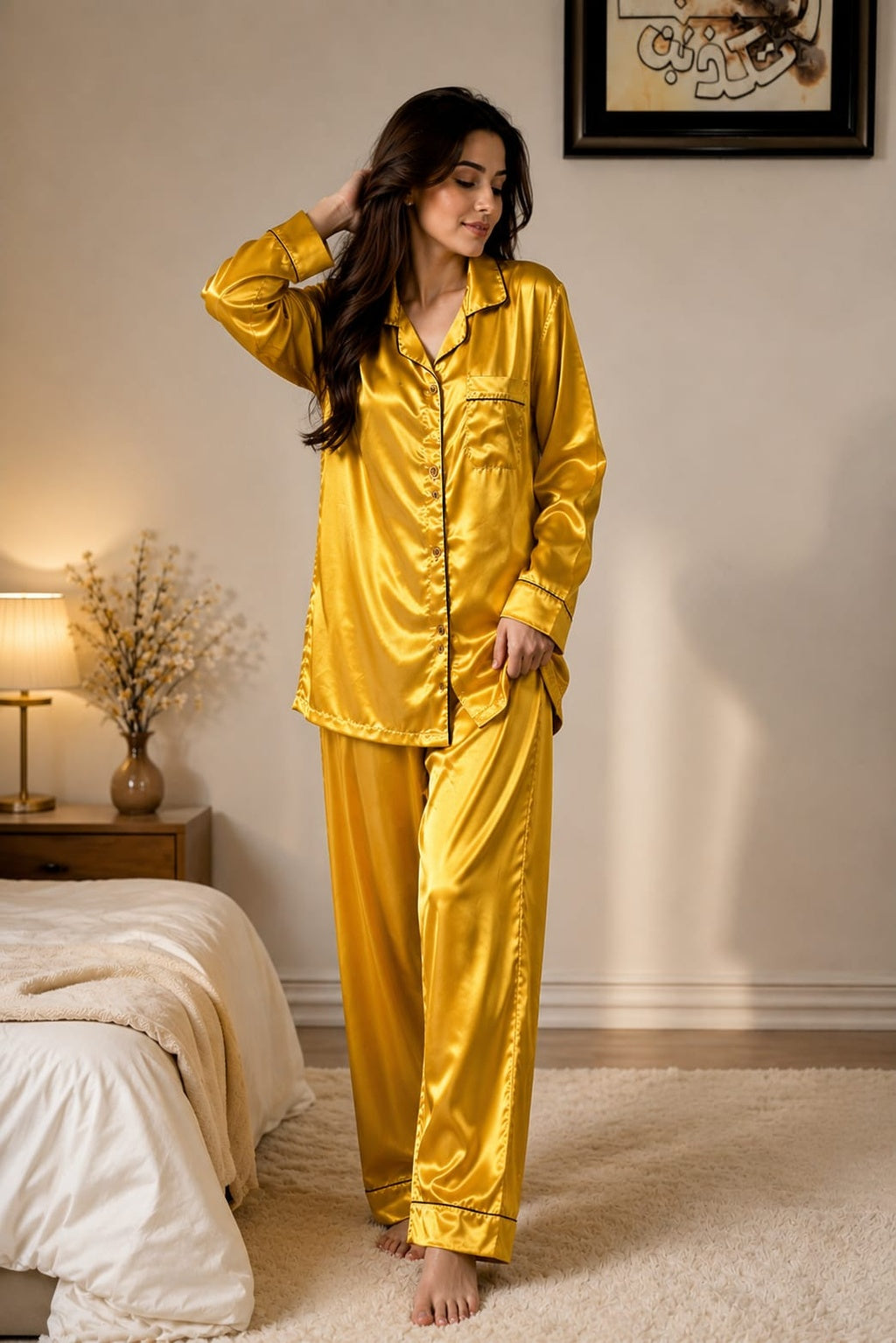 Golden Satin Button-Down Night Suit for Women – 2 Piece