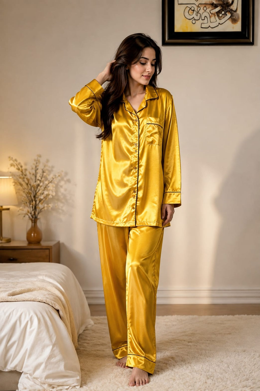Golden Satin Button-Down Night Suit for Women – 2 Piece