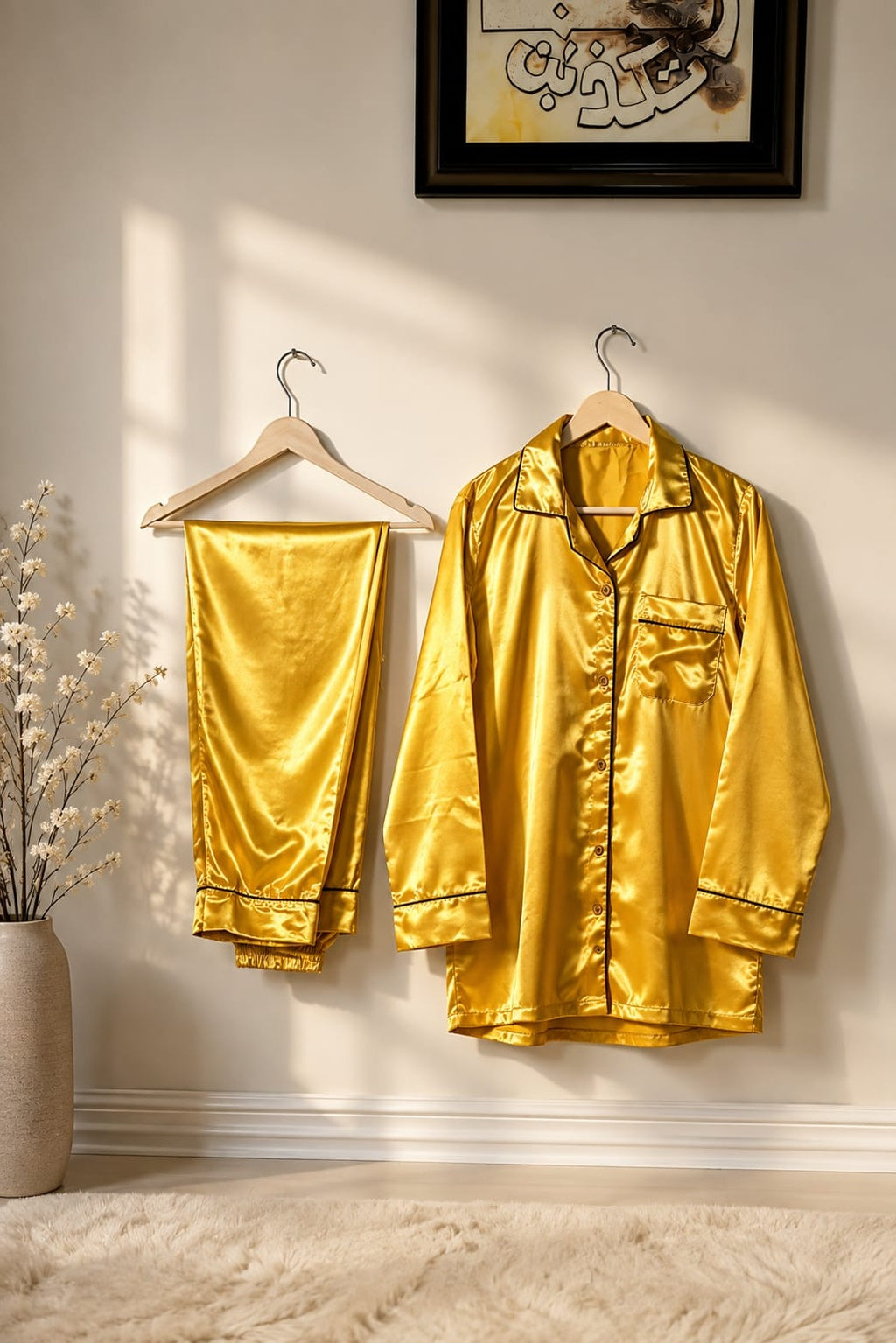 Golden Satin Button-Down Night Suit for Women – 2 Piece