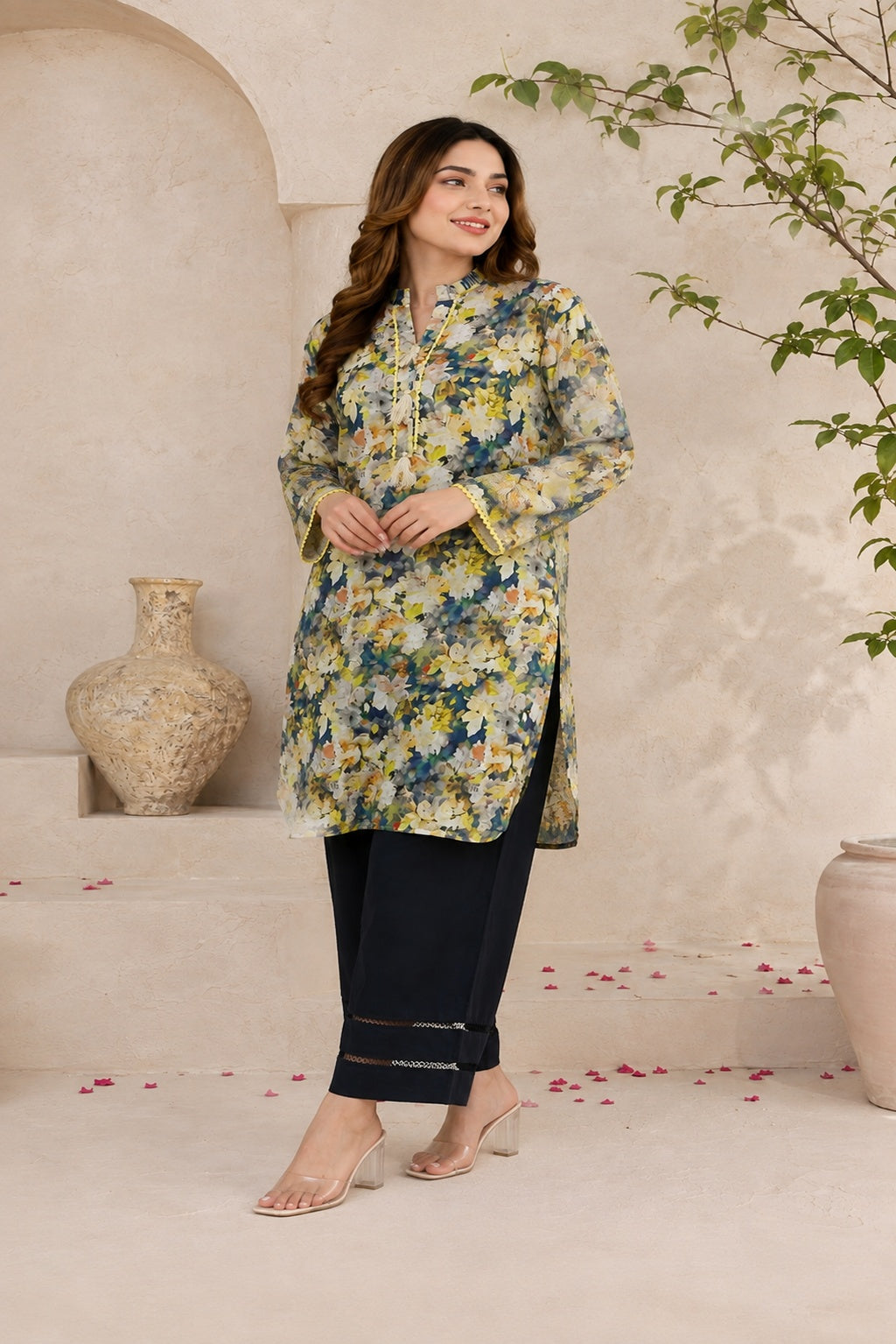 Multicolor Floral Printed Lawn 2-Piece Suit with Lace & Tassel Detailing